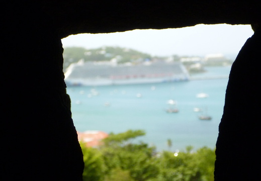 The ship seen through a "window" of Blackbeard's Castle