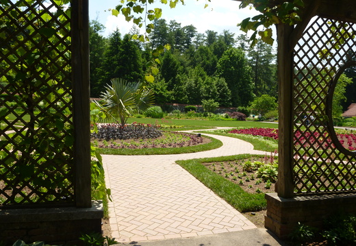 Looking out through the covered walkway to the Rose Garden