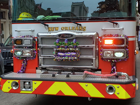 Even the fire trucks get decked out for Mardi Gras