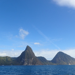 Famous St Lucia Pitons viewed from a catamaran